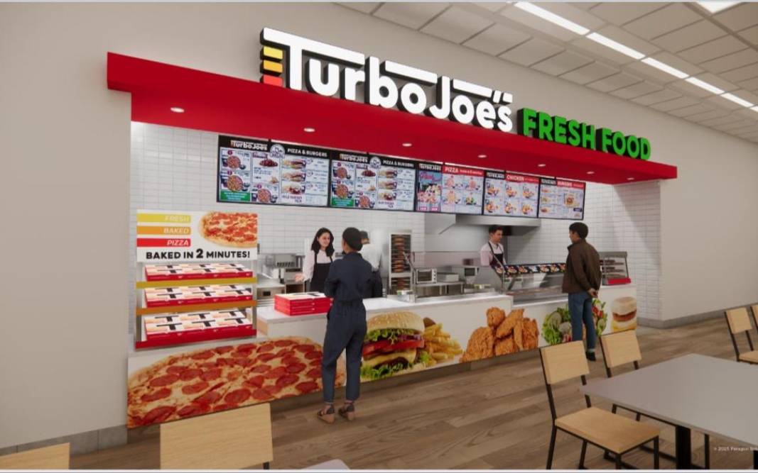 Interior concept rendering showing menu boards and the food counter