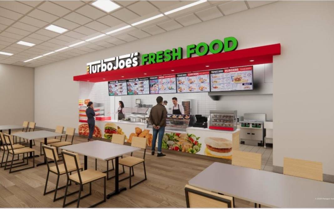Interior concept rendering with a branded food counter and seating