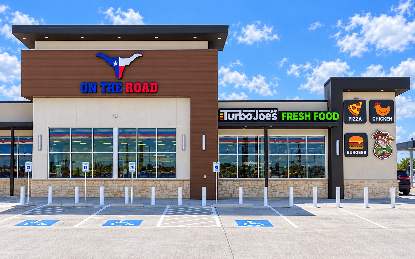 On the Road storefront with Turbo Joe’s Fresh Food signage — retouched photograph