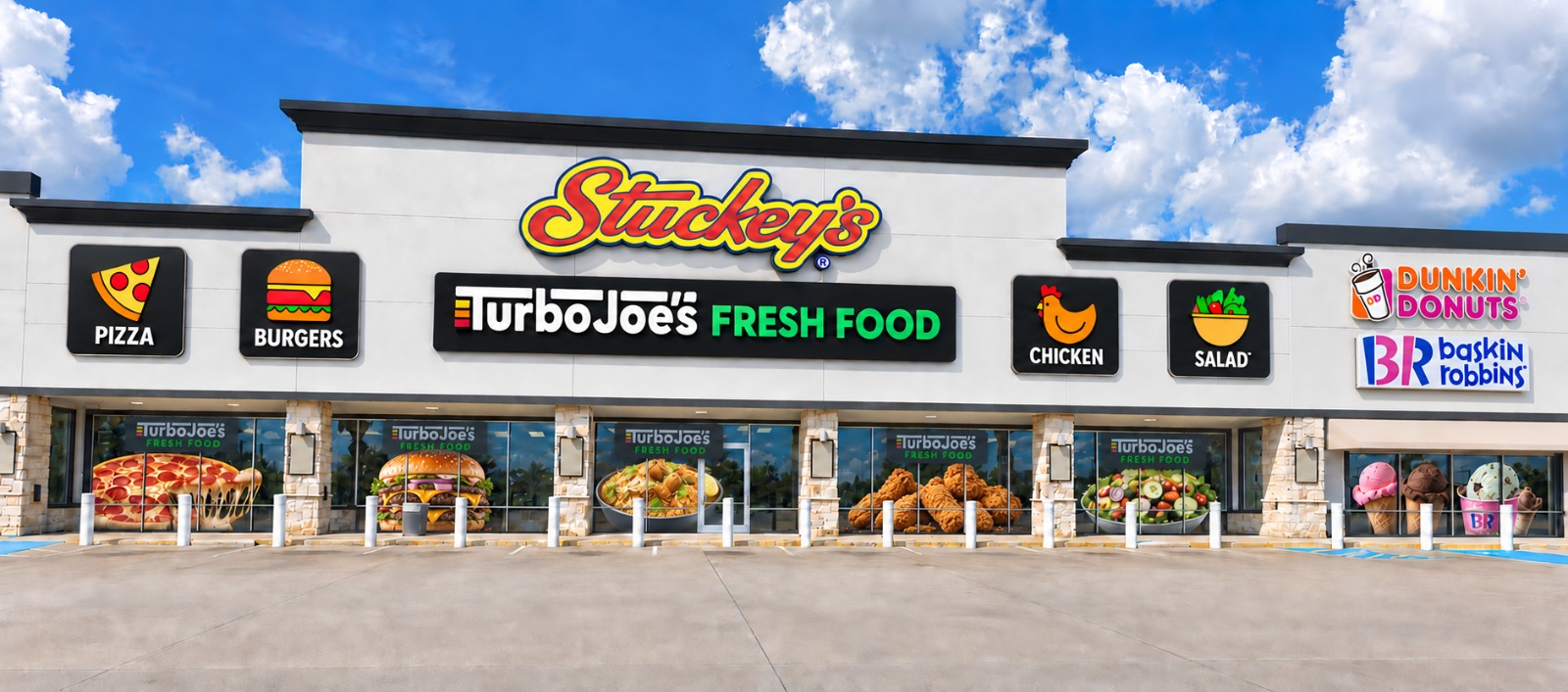 Stuckey’s storefront in daylight with Turbo Joe’s signage and food window graphics