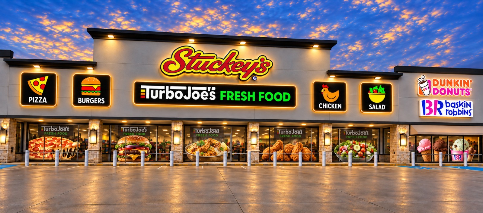 Stuckey’s storefront at sunset with illuminated Turbo Joe’s Fresh Food signage and food window graphics