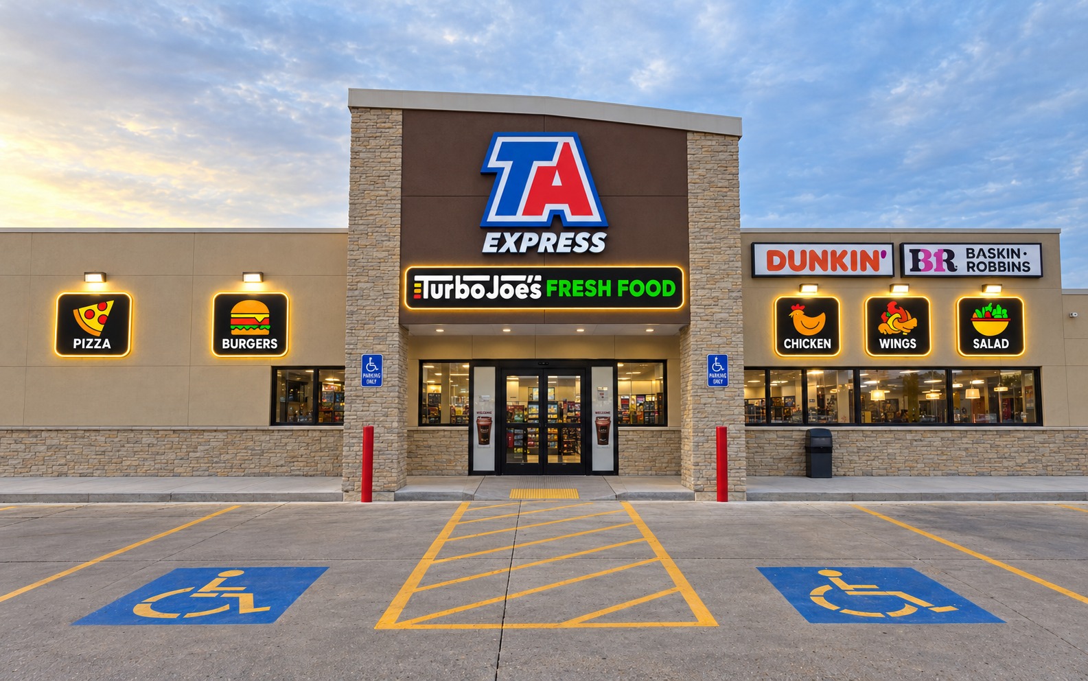 TA Express entrance with Turbo Joe’s signage and food icons